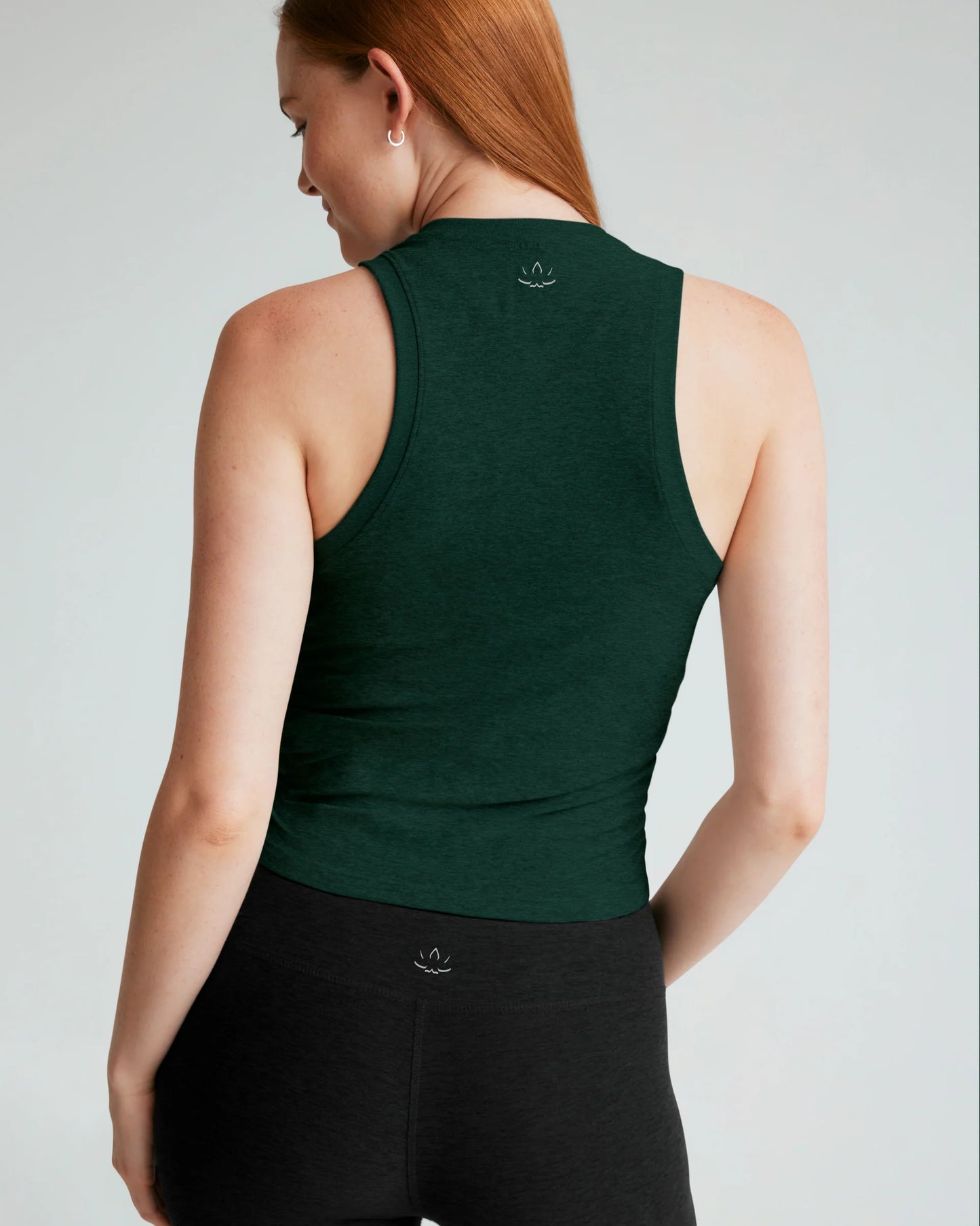 BEYOND YOGA FEATHERWEIGHT YOUR FIT SHIRRED TANK DARK SPRUCE GREEN HEATHER