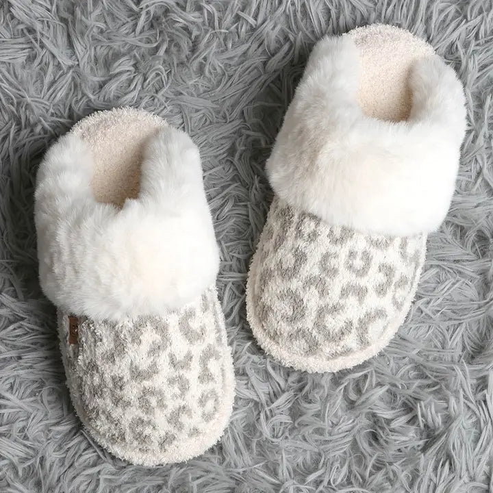 Leopard Faux Fur Sherpa Slippers Soft Gray