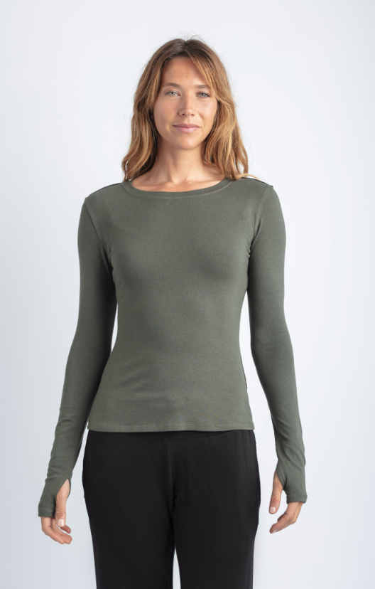 MILA LONG SLEEVE ORGANIC SOFT RIB BAMBOO CREW NECK TEE MOSS