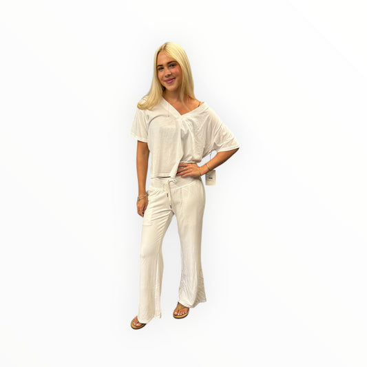 MILA RIBBED ORGANIC COTTON RIBBED DRAWSTRING PANTS WHITE