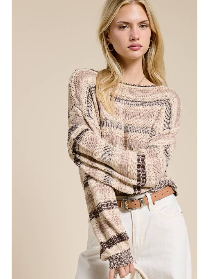 MIMOSA Cotton Stripe Lightweight Knit Sweater Wood