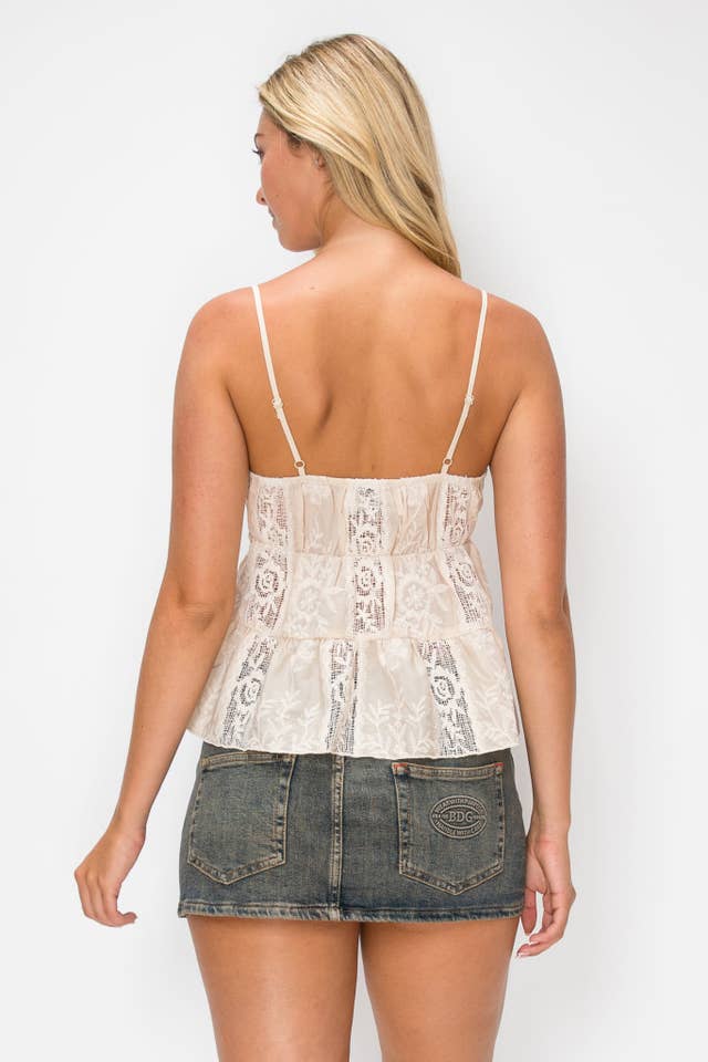 NECTAR CLOTHING LACE TIE FRONT BABYDOLL CAMI BEIGE