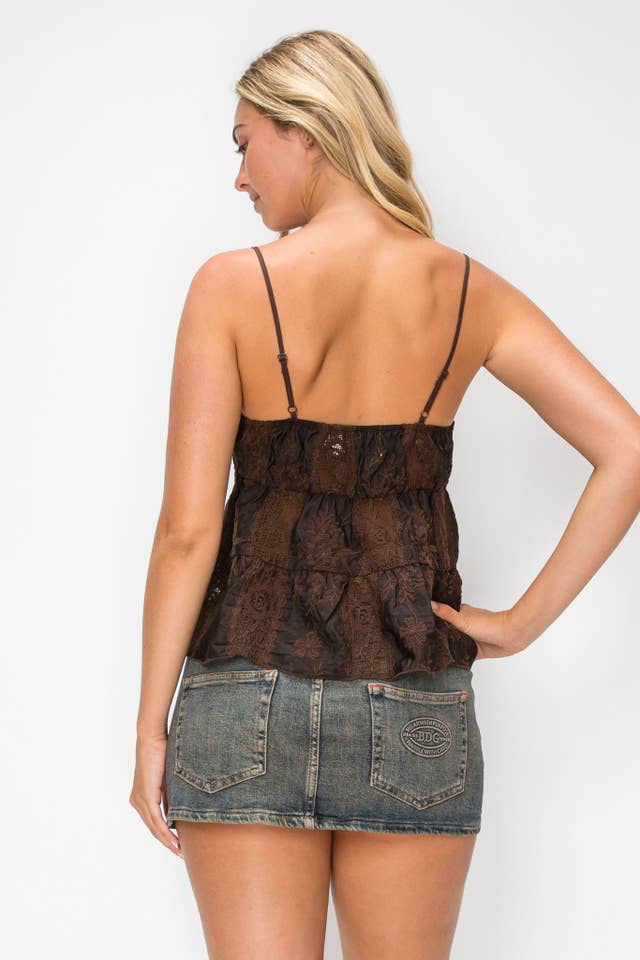 NECTAR CLOTHING LACE TIE FRONT BABYDOLL CAMI DARK BROWN
