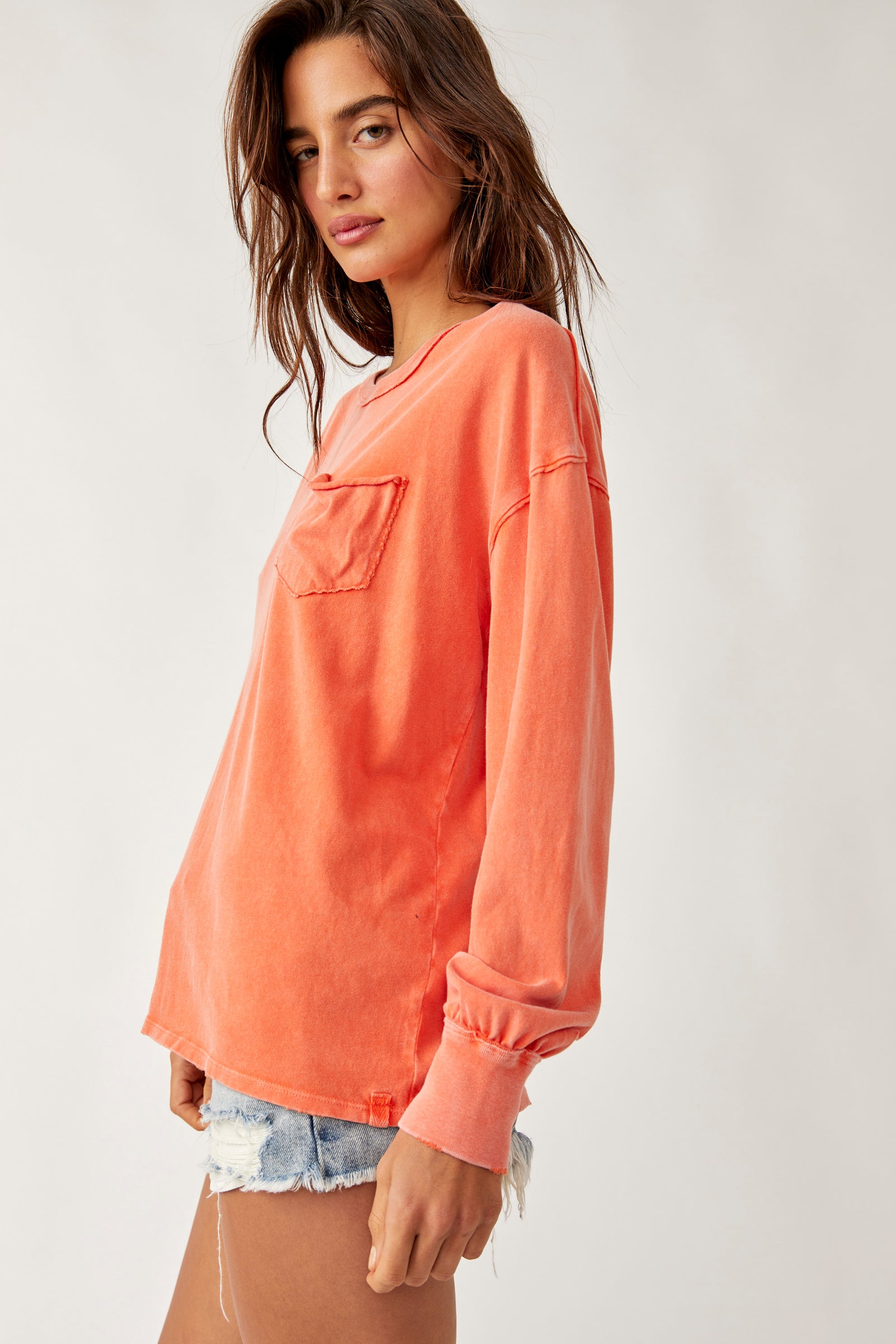 FREE PEOPLE WE THE FREE FADE INTO YOU LONG SLEEVE TEE MANDARIN RED