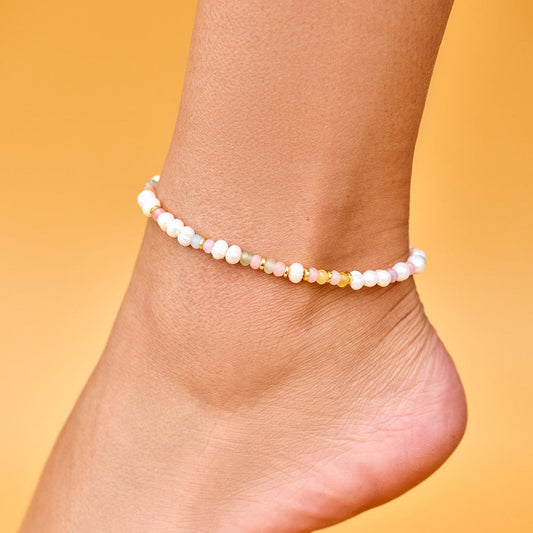 PURA VIDA  MIXED BEAD STRETCH ANKLET VENICE GOLD