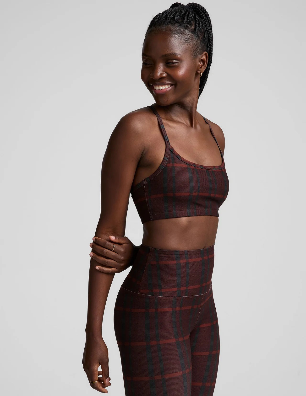 BEYOND YOGA SOFTMARK SLIM RACERBACK BRA DARK CHERRY PREPPY PLAID