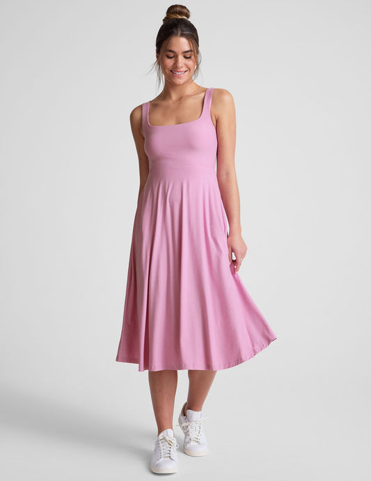 BEYOND YOGA FEATHERWEIGHT AT THE READY SQUARE NECK DRESS PINK HAZE HEATHER
