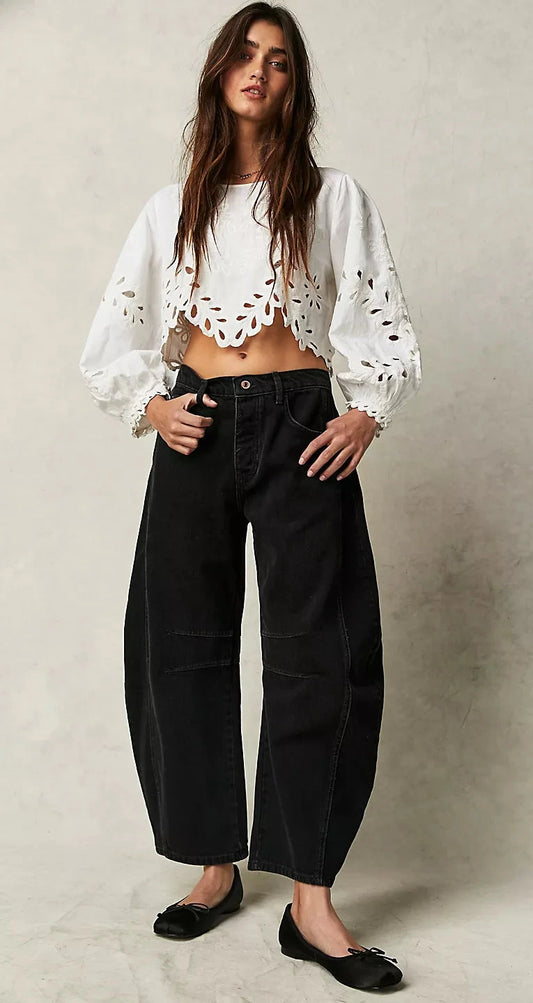 SALE FREE PEOPLE GOOD LUCK MID RISE BARREL JEAN SOUNDWAVE