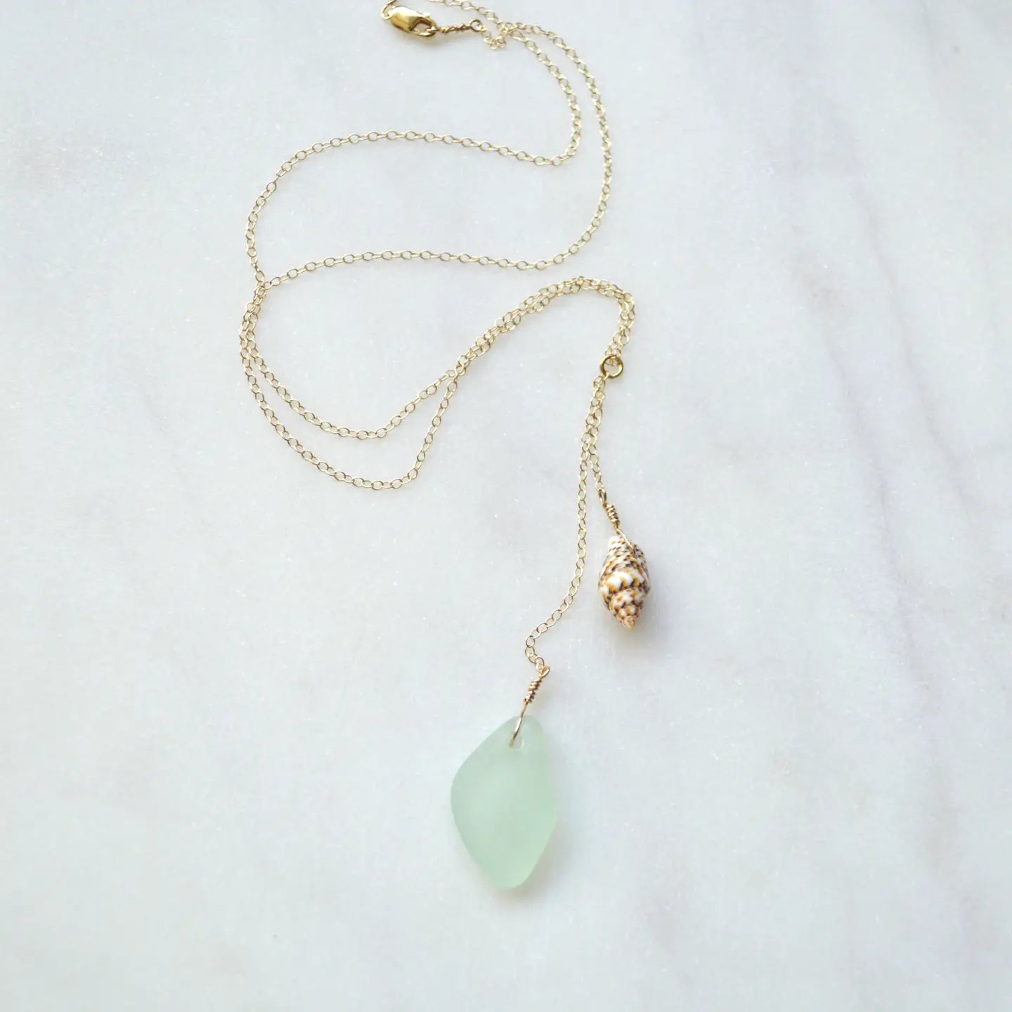 SALTY BUT SWEET Aqua Sea Glass Shell Necklace in Gold 16" or 18