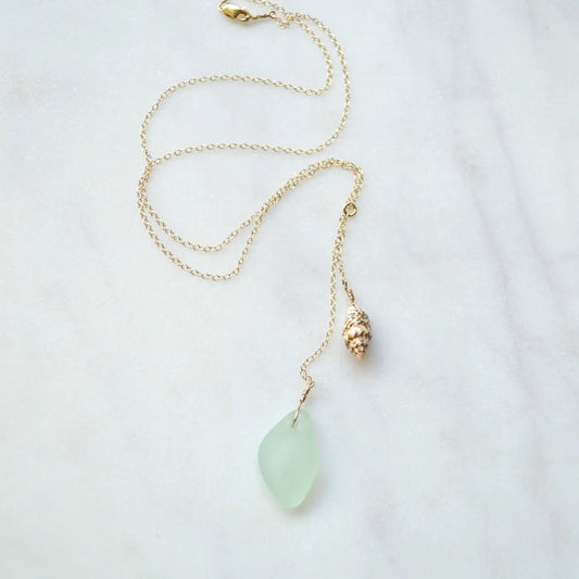 SALTY BUT SWEET Aqua Sea Glass Shell Necklace in Gold 16" or 18