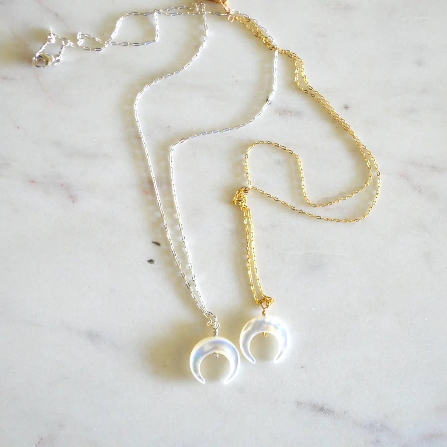 SALTY BUT SWEET MOTHER OF PEARL CRESCENT NECKLACE GOLD OR SILVER