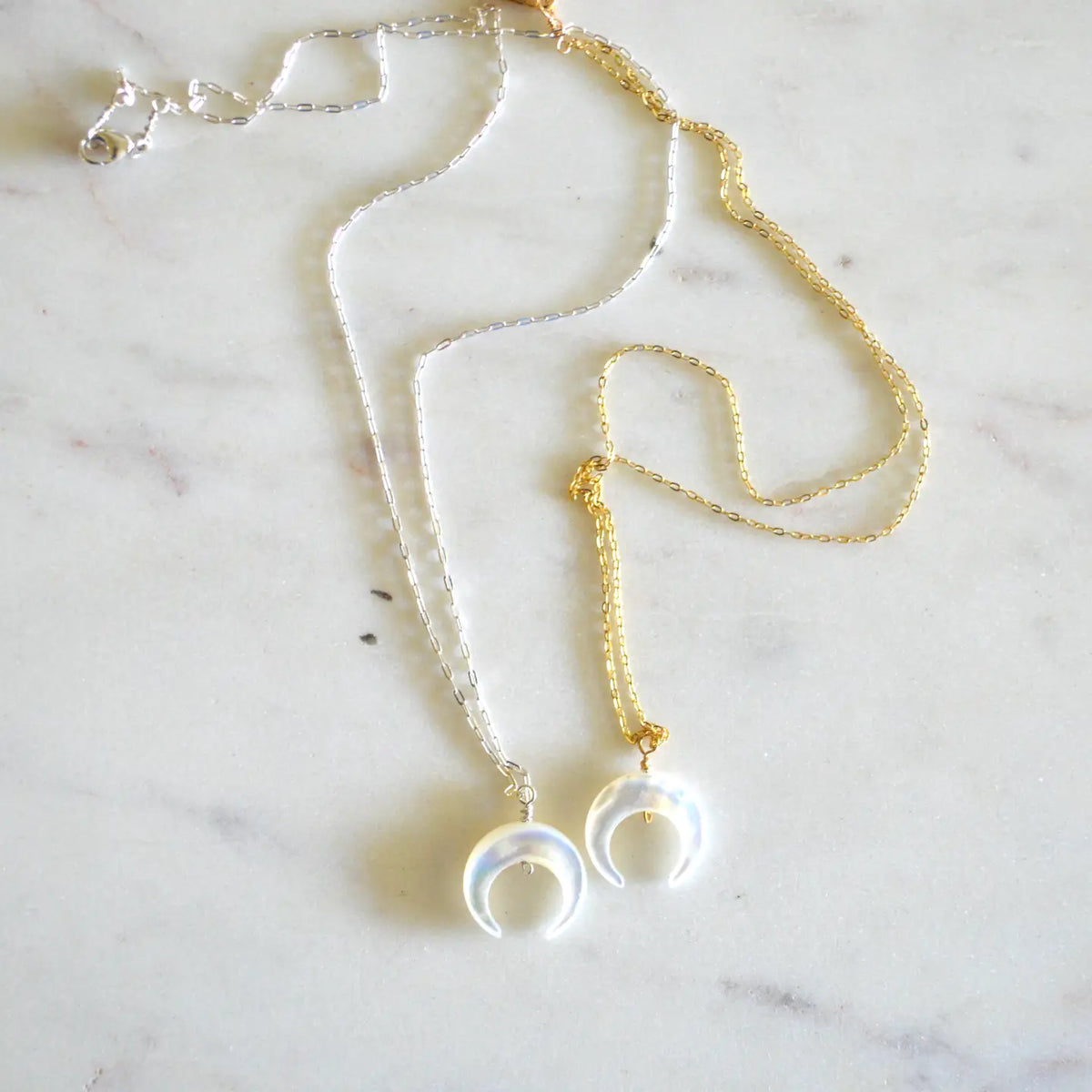 SALTY BUT SWEET MOTHER OF PEARL CRESCENT NECKLACE GOLD OR SILVER