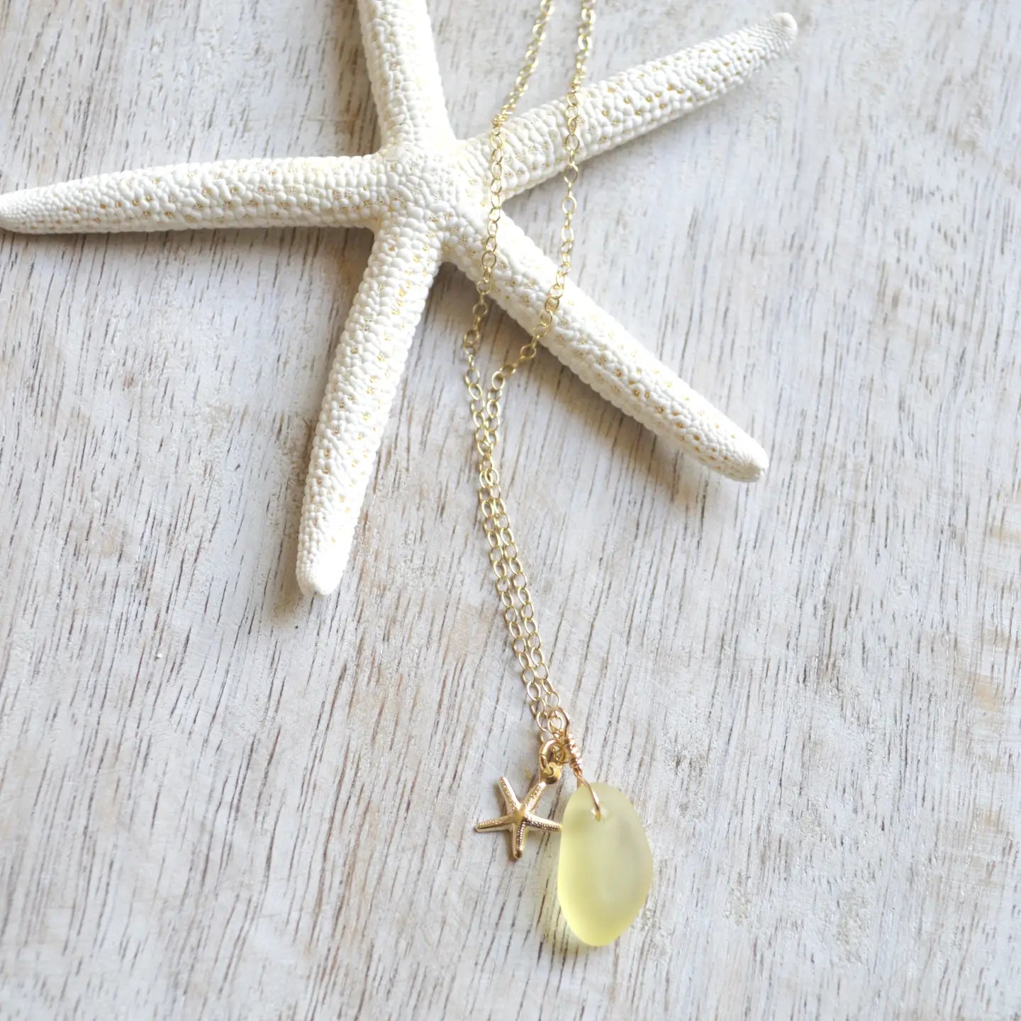 SALTY BUT SWEET Tiny Frosted Lemon Sea Glass and Starfish Necklace in Gold