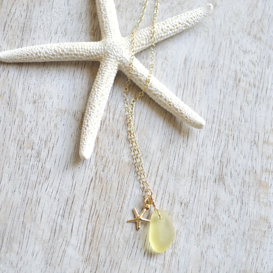 SALTY BUT SWEET Tiny Frosted Lemon Sea Glass and Starfish Necklace in Gold