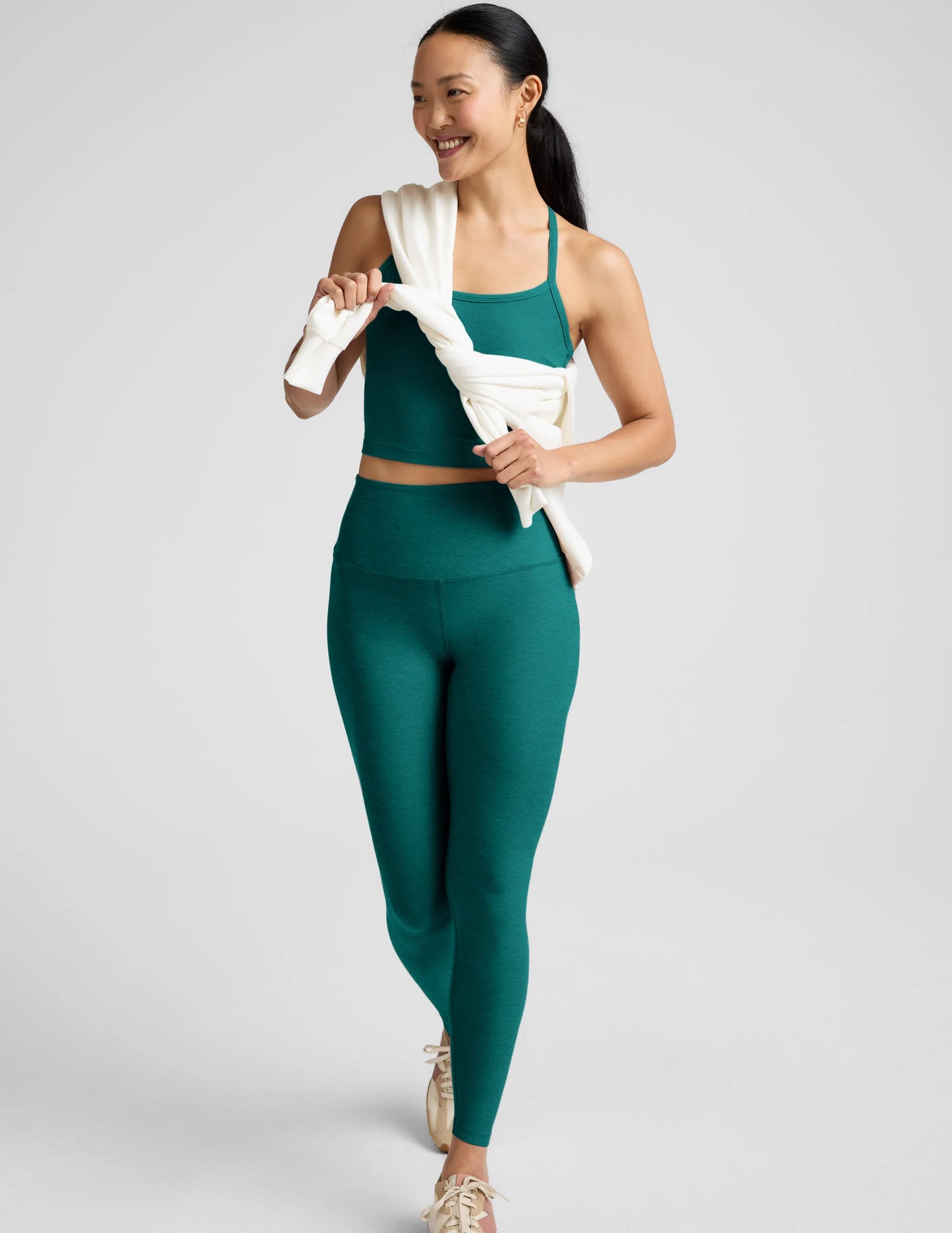 BEYOND YOGA SPACEDYE CAUGHT IN THE MIDI HIGH WAISTED LEGGING TEAL SEA HEATHER