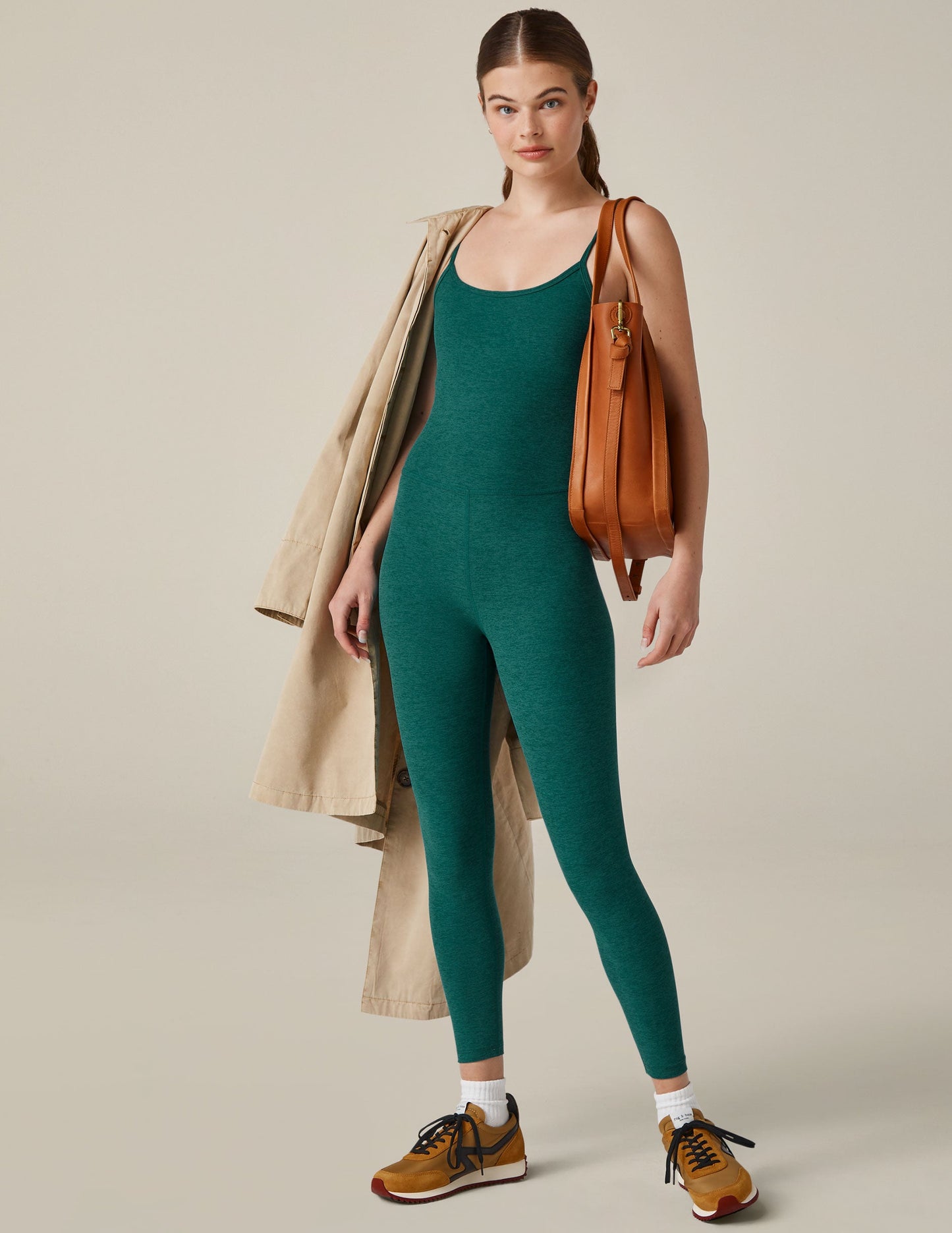 SALE BEYOND YOGA SPACEDYE UPLEVEL MIDI JUMPSUIT LUNAR TEAL HEATHER