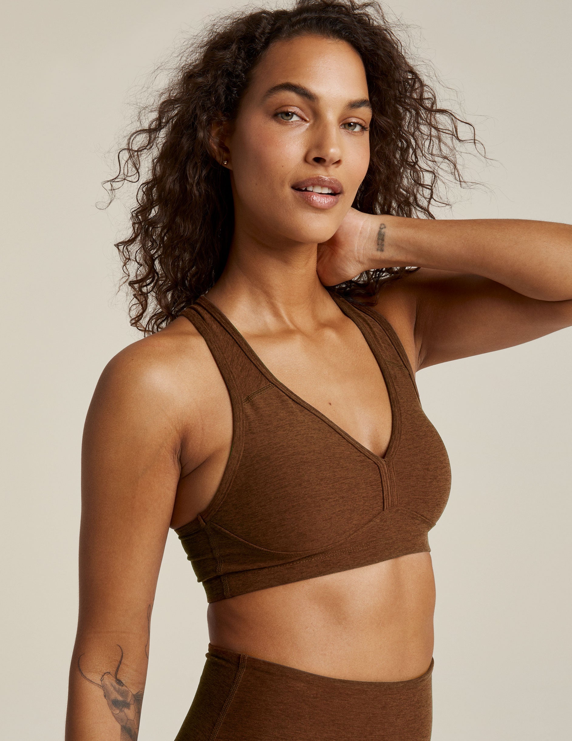 BEYOND YOGA SPACEDYE LIFT YOUR SPIRITS BRA BOLD MOCHA HEATHER