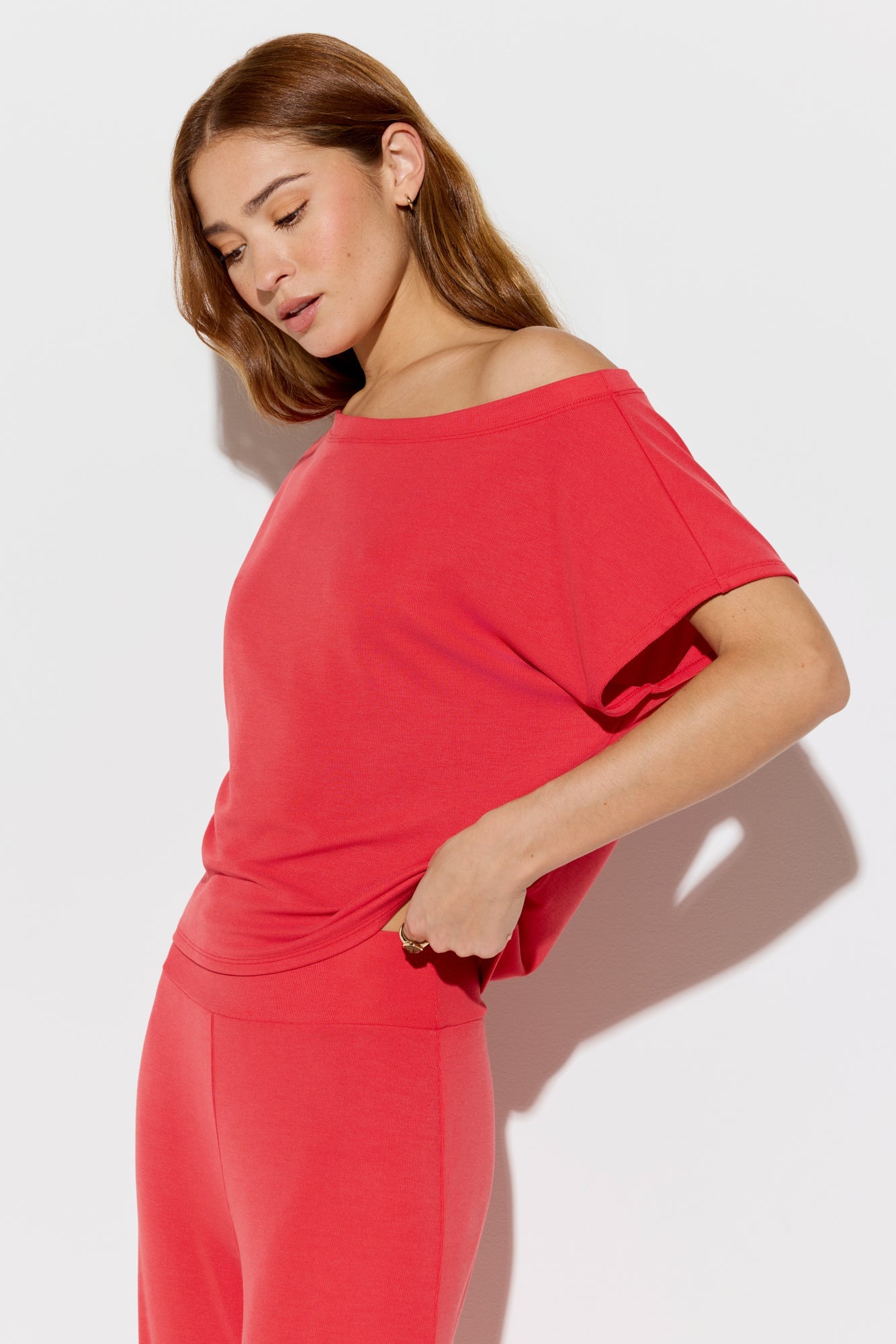 SPIRITUAL GANGSTER ZEN RIB ASHA OFF THE SHOULDER TOP SUNSET RED