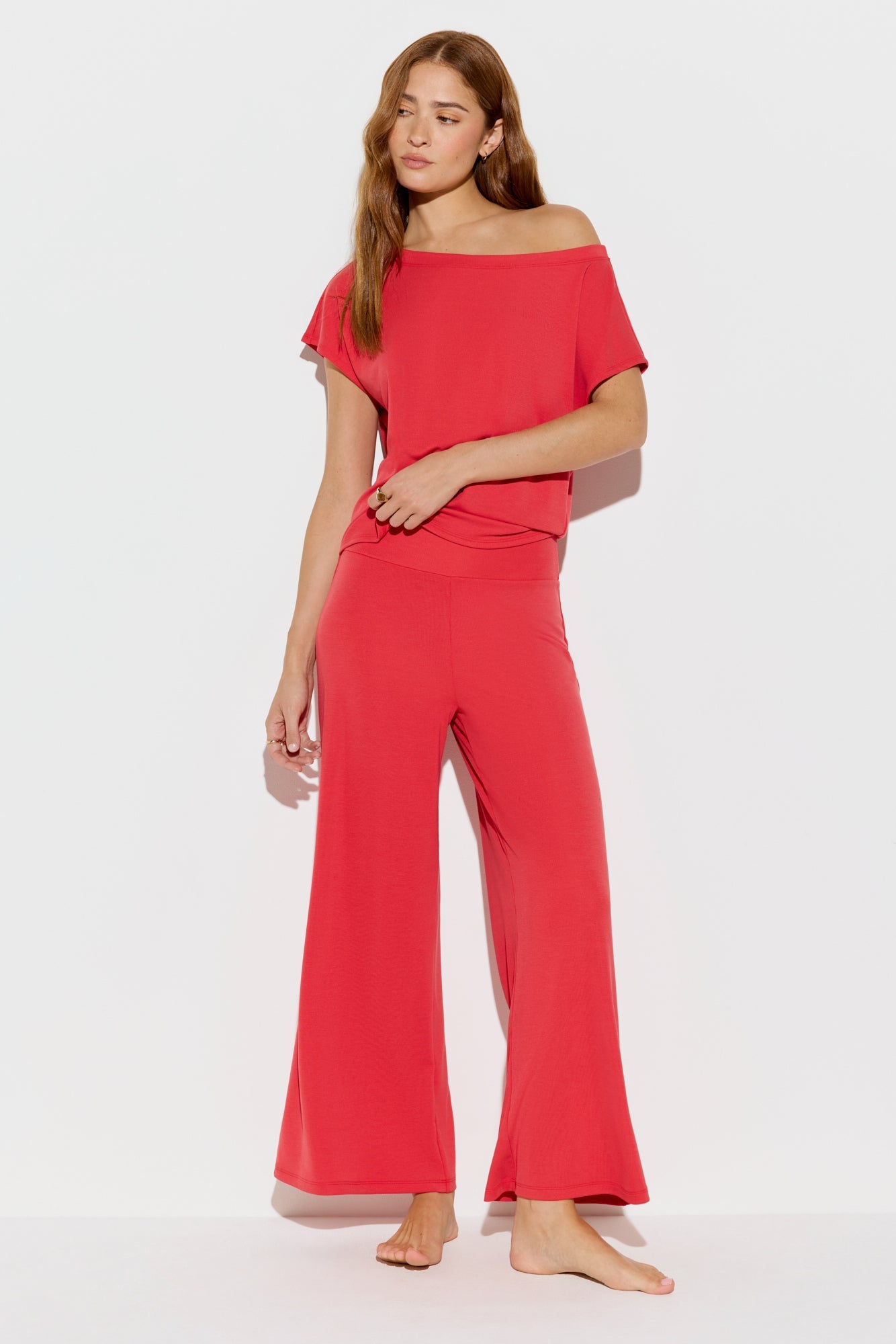 SPIRITUAL GANGSTER ZEN RIB ASHA OFF THE SHOULDER TOP SUNSET RED