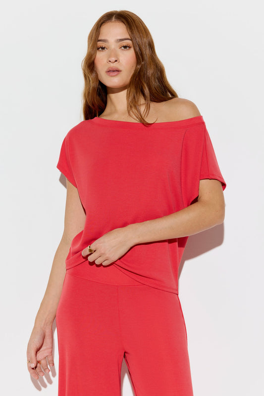 SPIRITUAL GANGSTER ZEN RIB ASHA OFF THE SHOULDER TOP SUNSET RED