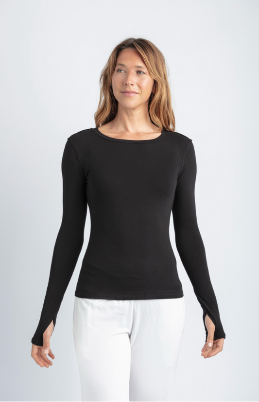 MILA LONG SLEEVE ORGANIC SOFT RIB BAMBOO CREW NECK TEE BLACK