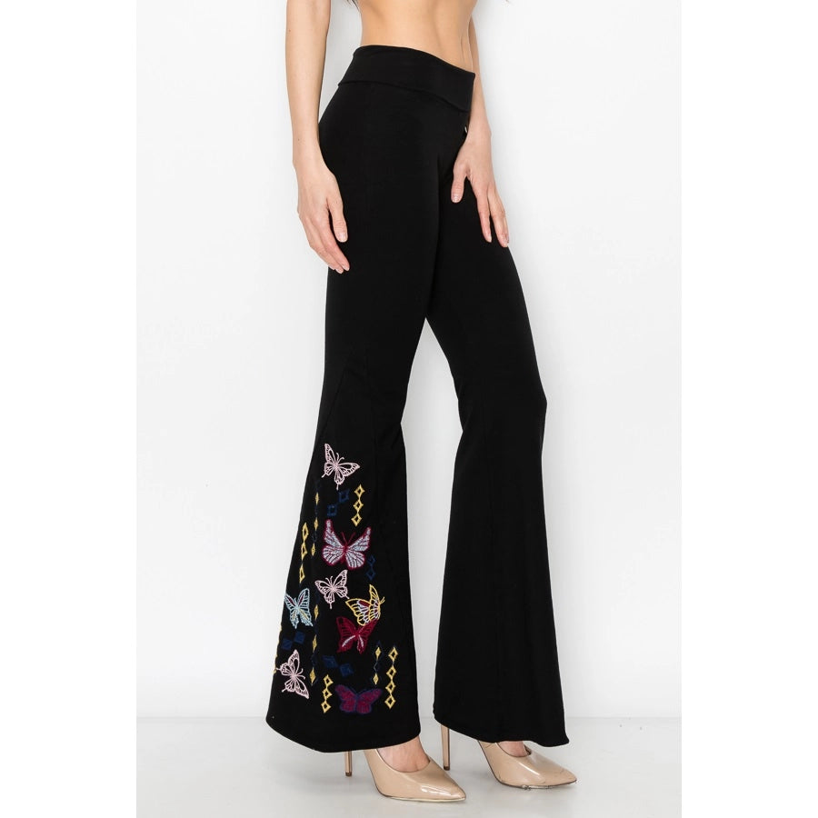 T PARTY BUTTERFLY DIAMOND EMBROIDERED WIDE FLARE LEG PANT BLACK
