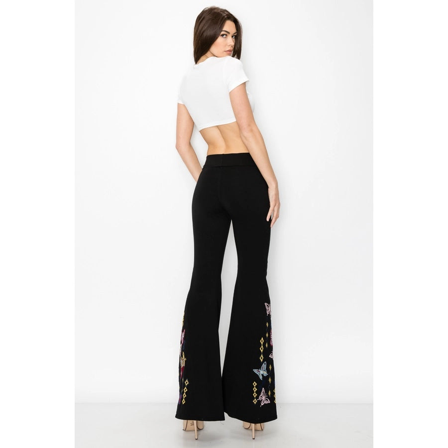 T PARTY BUTTERFLY DIAMOND EMBROIDERED WIDE FLARE LEG PANT BLACK