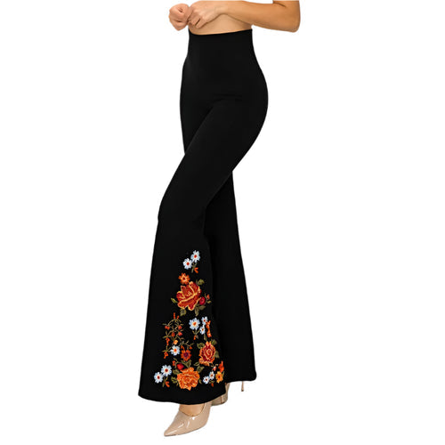T PARTY FLOWER EMBROIDERY FLARE PANTS BLACK