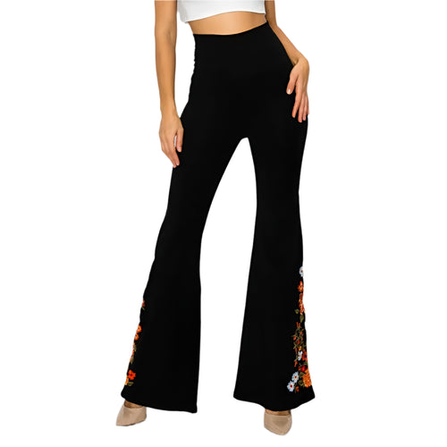 T PARTY FLOWER EMBROIDERY FLARE PANTS BLACK