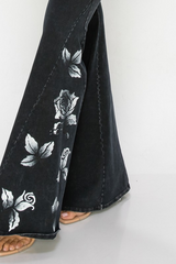 T PARTY ROSES PRINTED FLARE PANTS MINERAL BLACK
