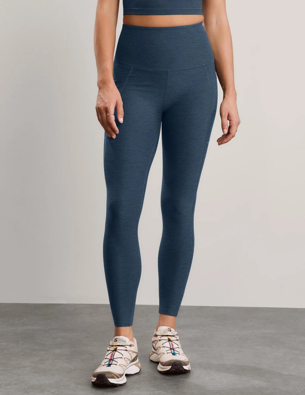 BEYOND YOGA SPACE DYE OUT OF POCKET HIGH WAISTED MIDI LEGGING BLUE TUNDRA HEATHER
