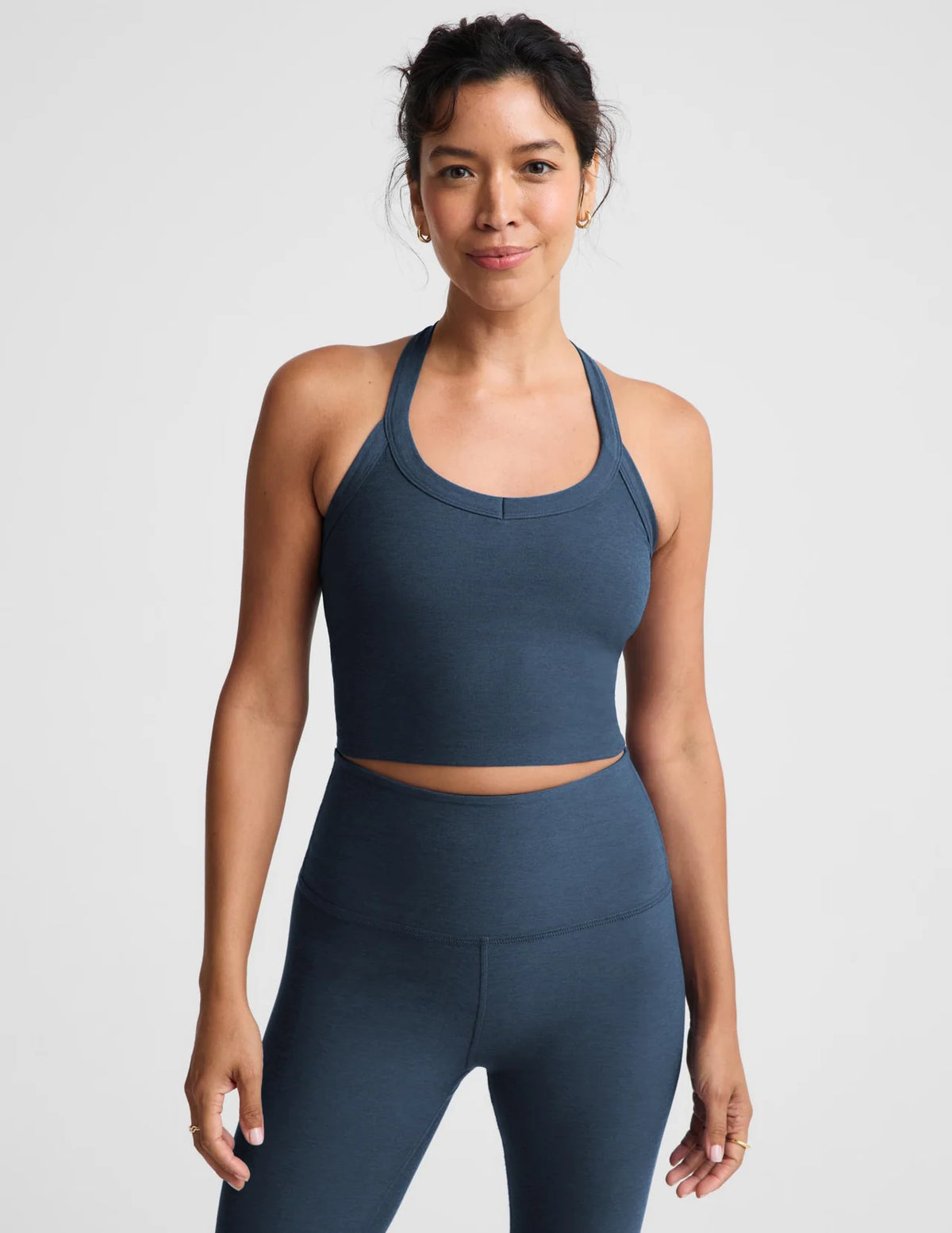 BEYOND YOGA ON THE UP CROPPED TANK PINK BLUE TUNDRA HEATHER