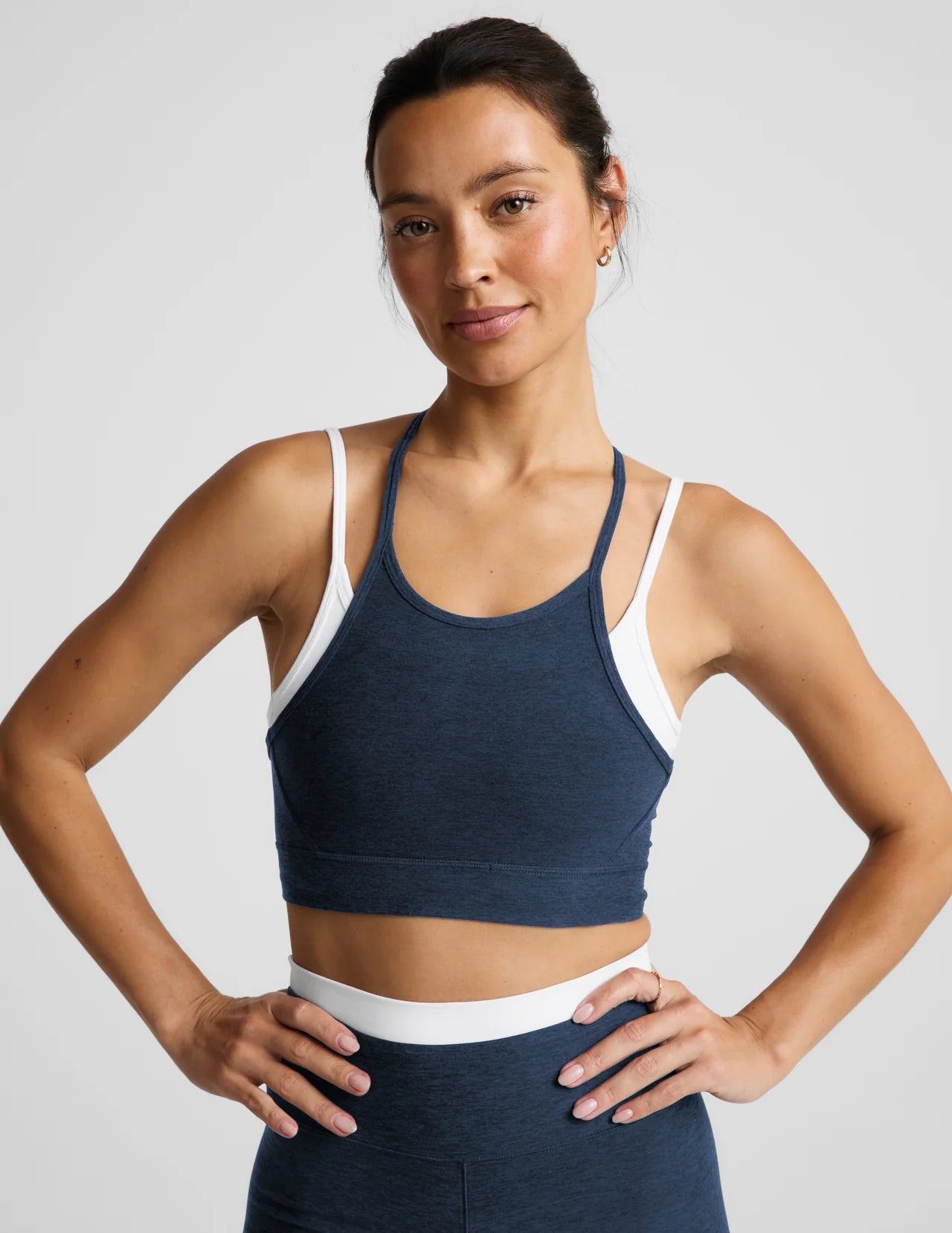 BEYOND YOGA SPACEDYE LAYERED LONG LINE BRA CARIBBEAN AND CLOUD