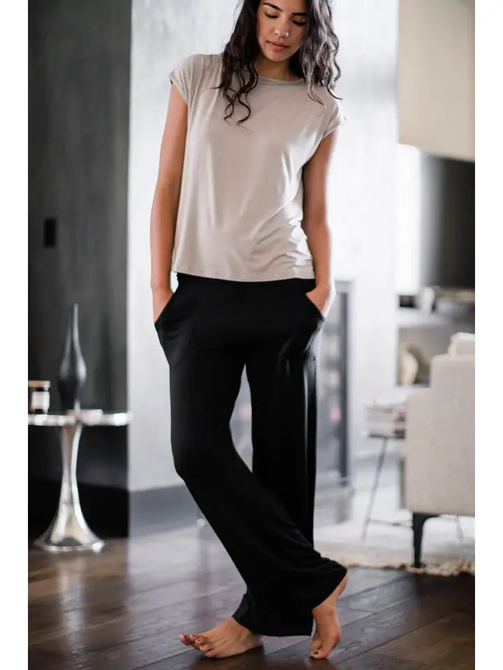 YALA Kayla Wide Leg Foldover Waist Organic Bamboo Pant Black