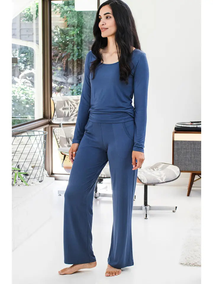 YALA Kayla Wide Leg Foldover Waist Organic Bamboo Pant Twilight Blue