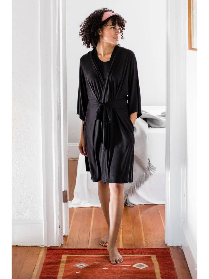 YALA NINA ELBOW SLEEVE BELTED BAMBOO ROBE BLACK