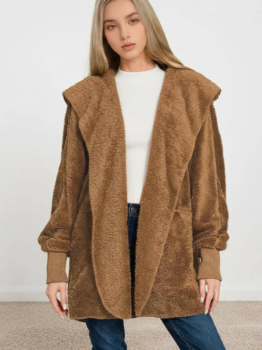 HEM & THREAD PLUSH FUZZY HOODED JACKET W/ POCKETS DEEP CAMEL