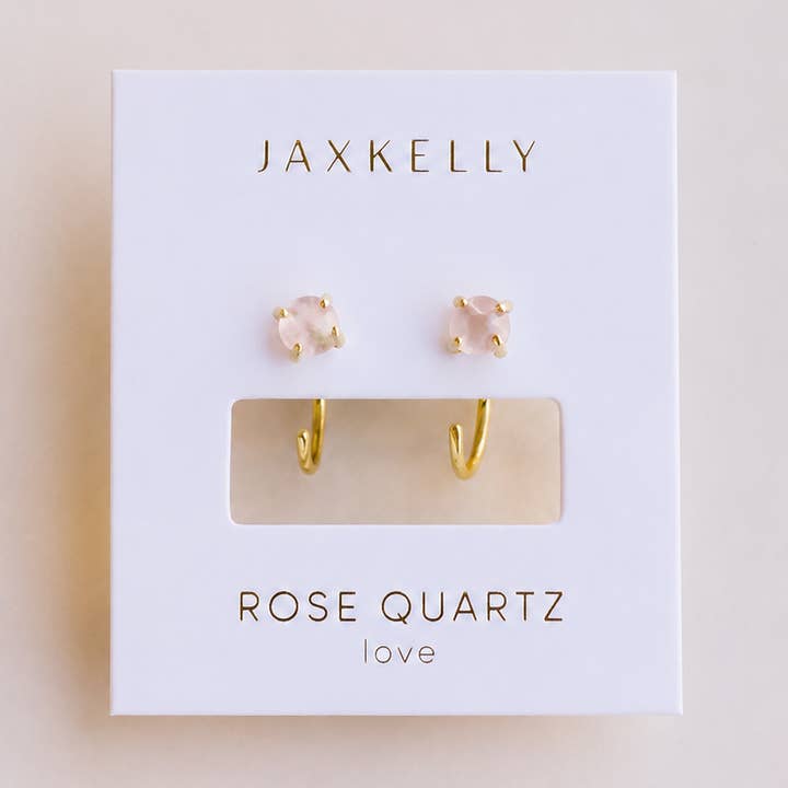 JAXKELLY CZ Huggies-Rose Quartz-Gold Earrings