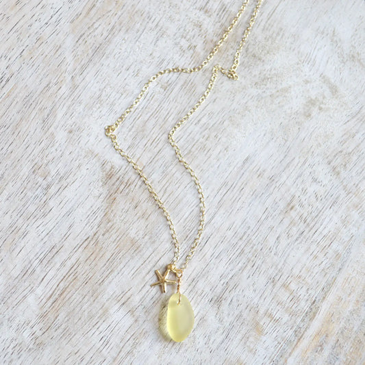 SALTY BUT SWEET Tiny Frosted Lemon Sea Glass and Starfish Necklace in Gold