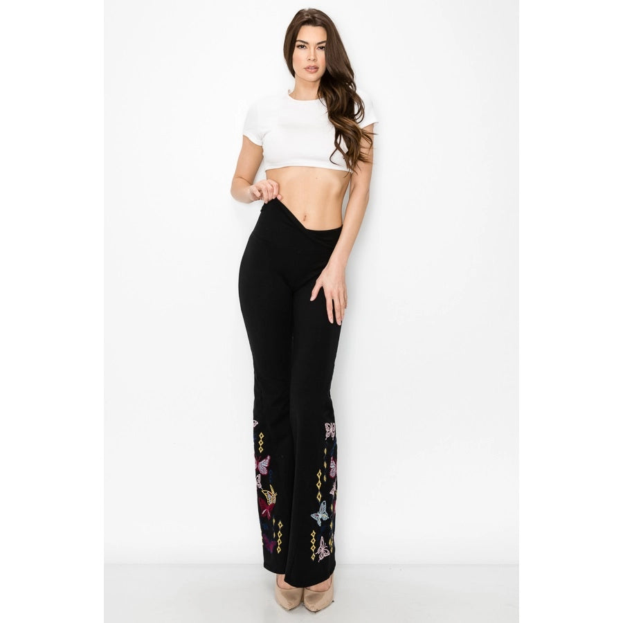 T PARTY BUTTERFLY DIAMOND EMBROIDERED WIDE FLARE LEG PANT BLACK