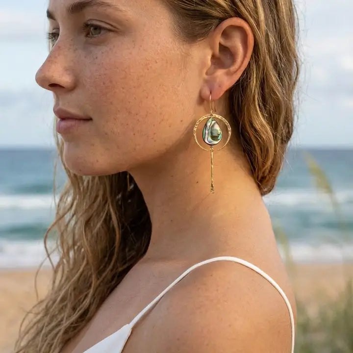 FLYING LIZARD DESIGN GOLD CRESCENT MOON WITH ABALONE TEARDROP