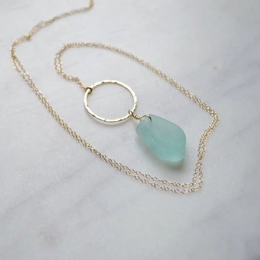 SALTY BUT SWEET Large Sea Glass Hoop Necklace in Gold