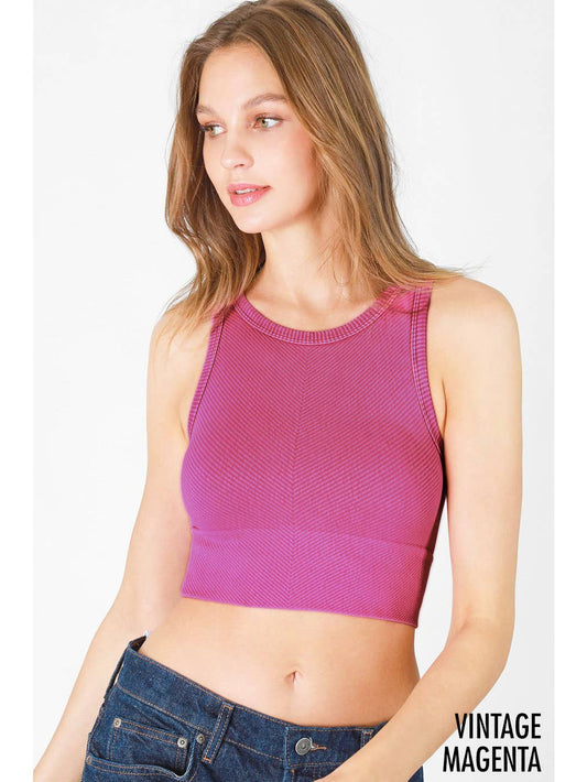 NIKIBIKI Vintage Chevron Ribbed High Neck Crop Top Vinage Magenta