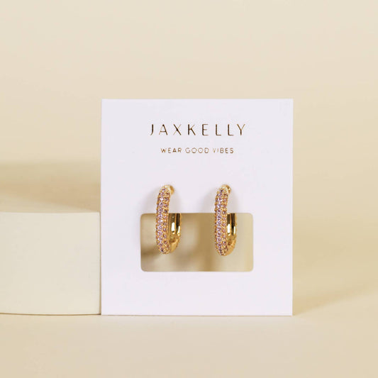 JAXKELLY GOLD PAVE PINK CZ STONE HOOPS