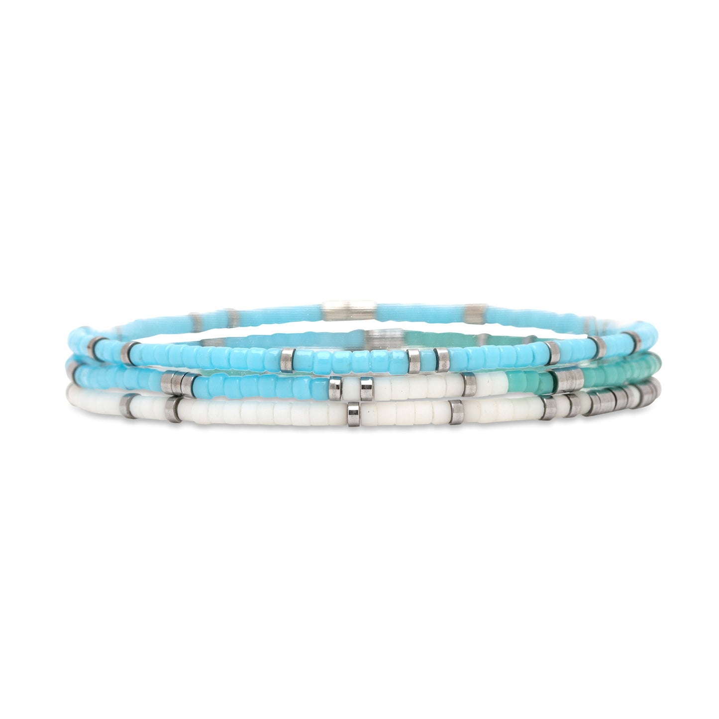 PURA VIDA MIXED SEED BEAD SILVER STRETCH BRACELET SET OF 3 SEAFOAM DREAM