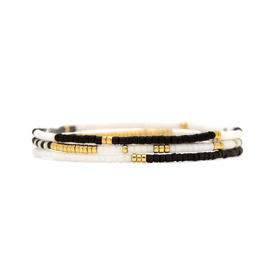 PURA VIDA MIXED SEED BEAD GOLD STRETCH BRACELET SET OF 3 MONOCHROME