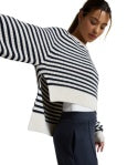 BEYOND YOGA READY FOR ANYWHERE HI LO SWEATER NOCTURNAL NAVY STRIPE