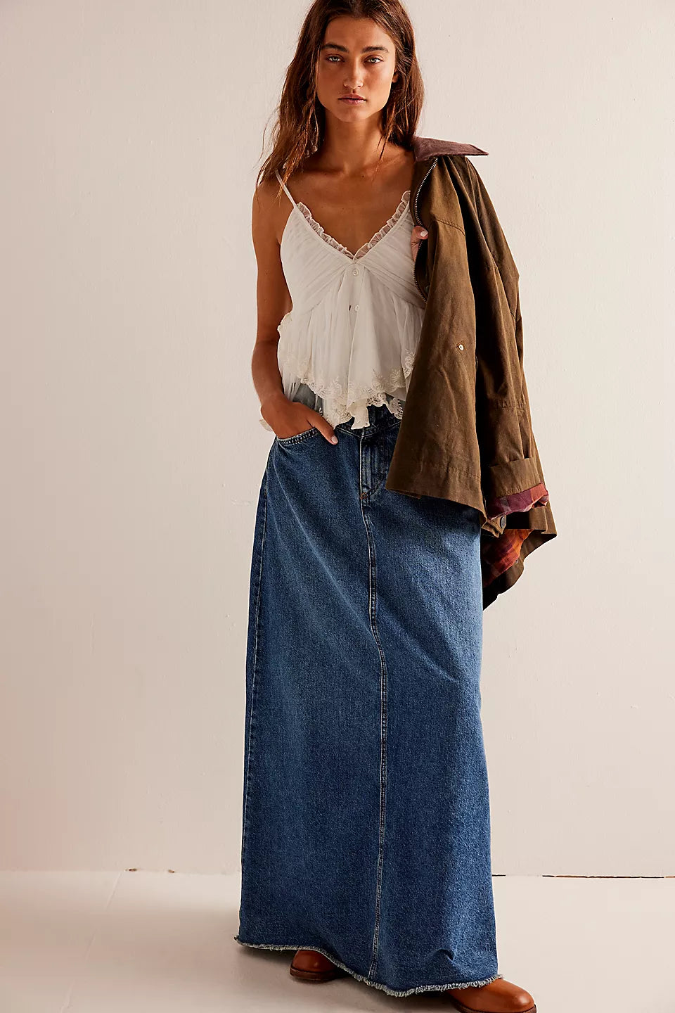 FREE PEOPLE WE THE FREE COME AS YOU ARE DENIM MAXI SKIRT DARK INDIGO
