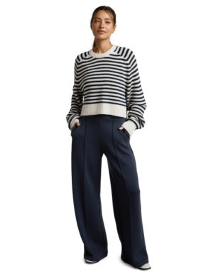 BEYOND YOGA READY FOR ANYWHERE HI LO SWEATER NOCTURNAL NAVY STRIPE