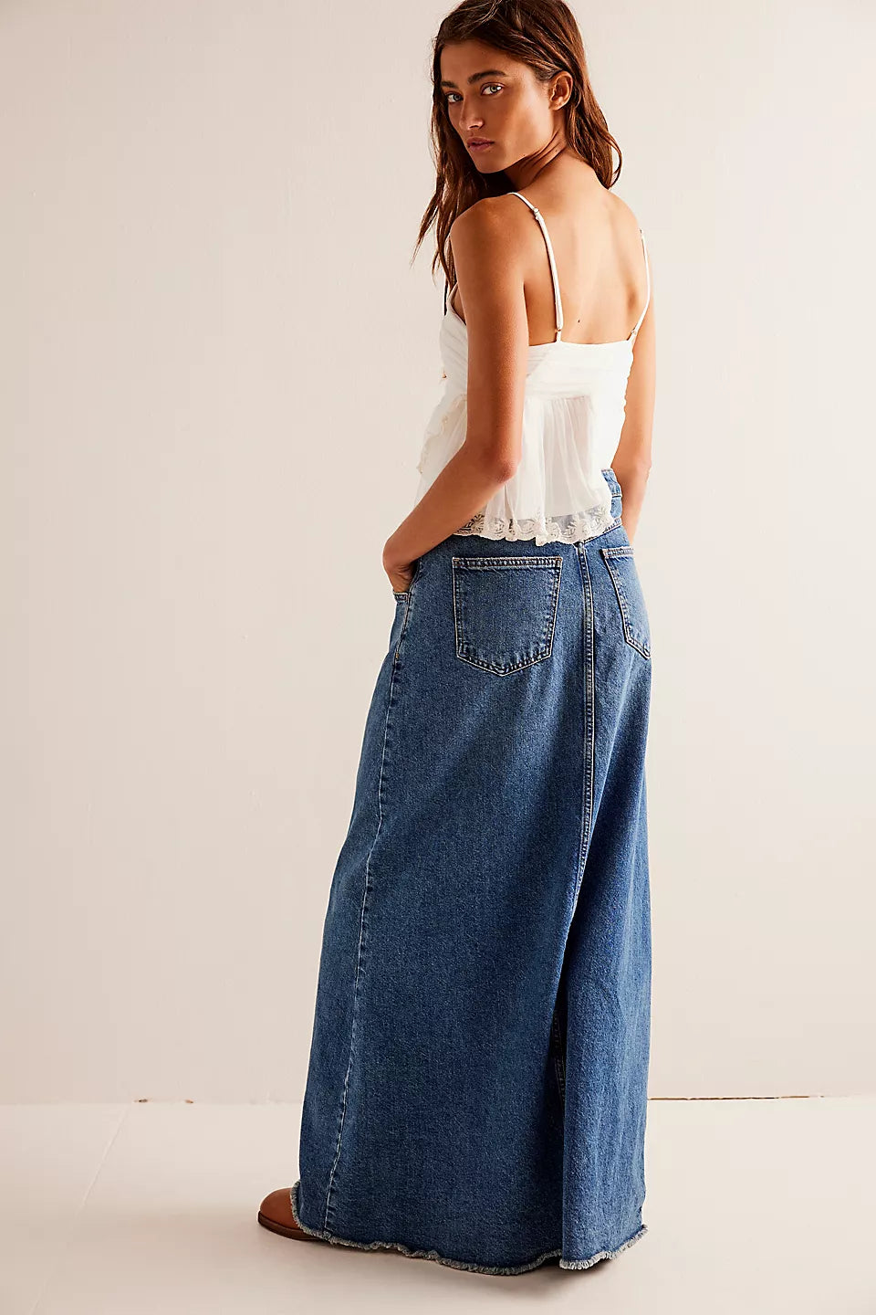 FREE PEOPLE WE THE FREE COME AS YOU ARE DENIM MAXI SKIRT DARK INDIGO